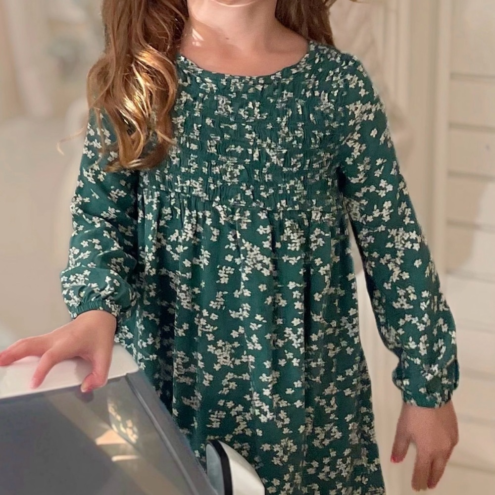 Carter’s 4T Green Floral Dress | Long Sleeve Smocked Dress